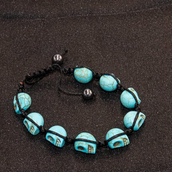 Turquoise Skull Bracelet on adjustable Black Cord - Picture 2 of 2